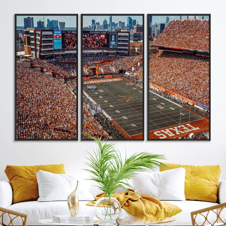 A premium canvas wall art featuring the University of Texas Longhorns stadium, showcasing a vibrant sea of orange.