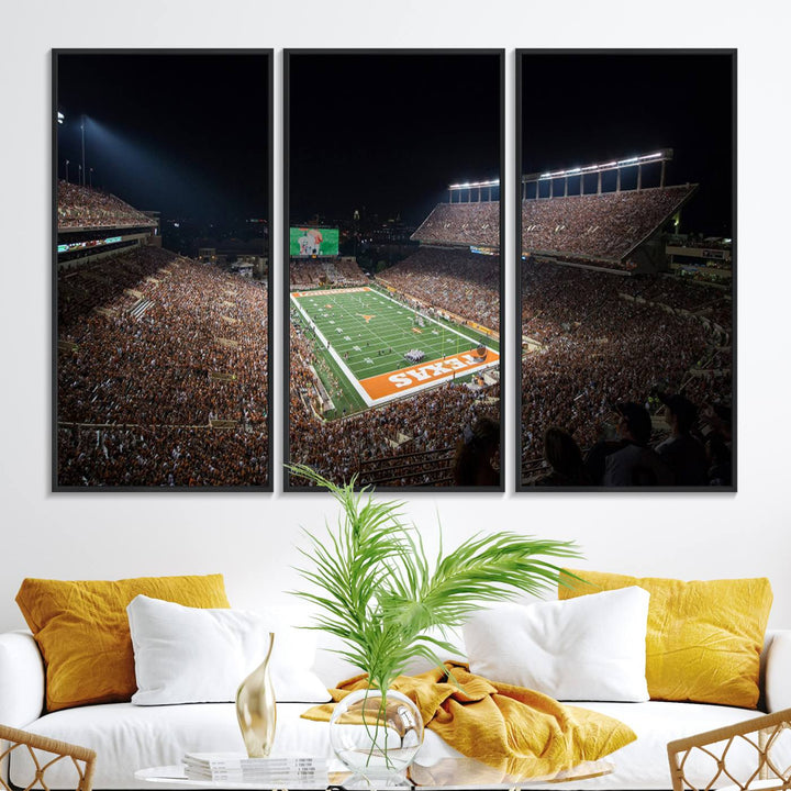 A football game at a packed stadium is captured on the University of Texas Longhorns Stadium Canvas Print.
