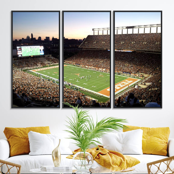 The Evening Game canvas art captures a glowing sunset and skyline at Texas Longhorns Darrell K Royal Stadium.