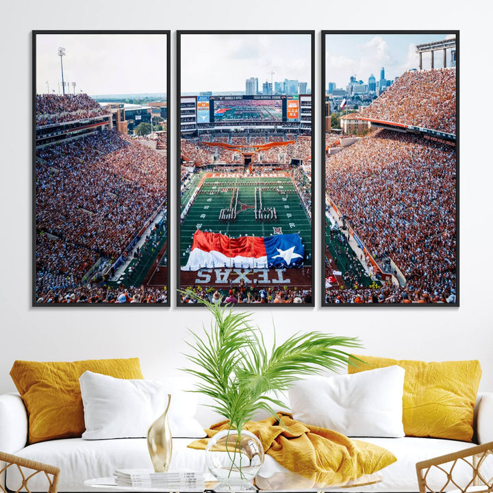 University of Texas Longhorns canvas: A premium print depicting Darrell K Royal-Texas Memorial Stadium with the city skyline and Texas flag.