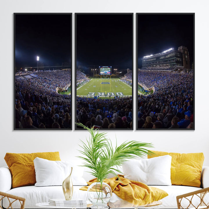 Under bright lights at night, the Duke Blue Devils Football Team Durham canvas wall art print is prominently displayed.