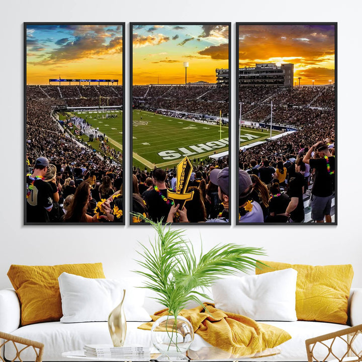 A sunset football game at UCFs Stadium—ideal as a premium wall art canvas print for your home.