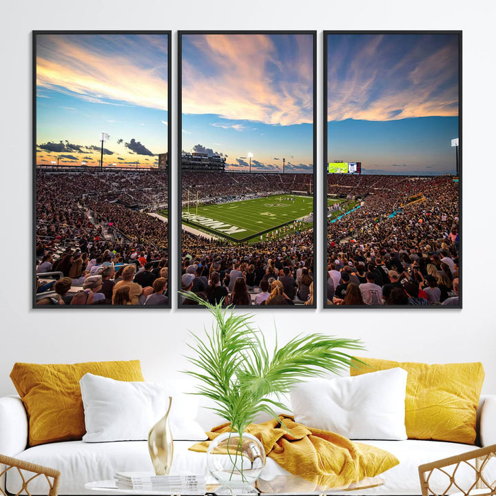 A vibrant wall art canvas captures a sunset scene at Orlandos FBC Mortgage Stadium, featuring the UCF Knights.