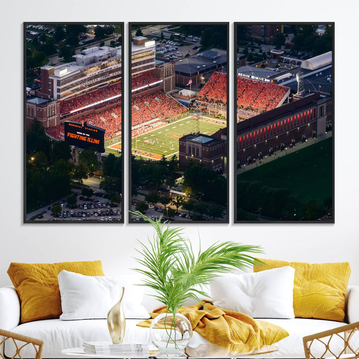 Aerial view of the University of Illinois Memorial Stadium on premium canvas, capturing buildings and greenery at dusk.