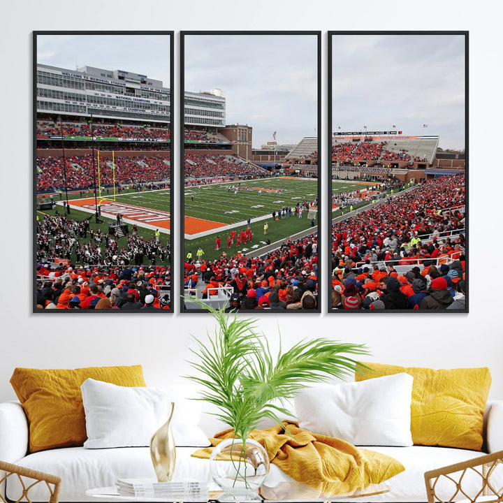 A University of Illinois Fighting Illini wall art canvas hangs on the wall, depicting a packed stadium.