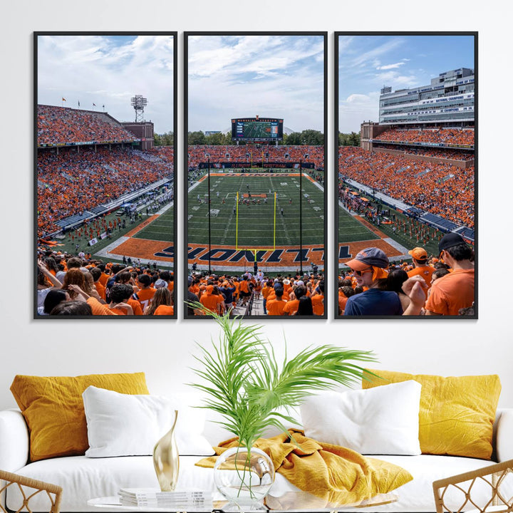 The Illinois stadium packed with orange-clad fans makes for a premium University of Illinois canvas wall art.