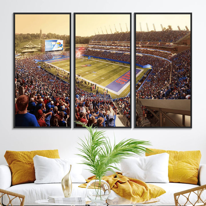 A premium University of Kansas Jayhawks Football Team canvas print captures the essence of a sunset football game, filling the stadium with vibrant energy.