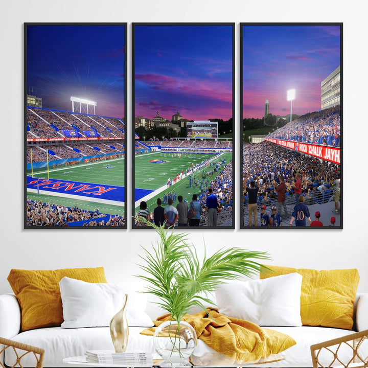 A canvas art piece depicting the Kansas Jayhawks stadium at twilight, vibrant in a modern setting.