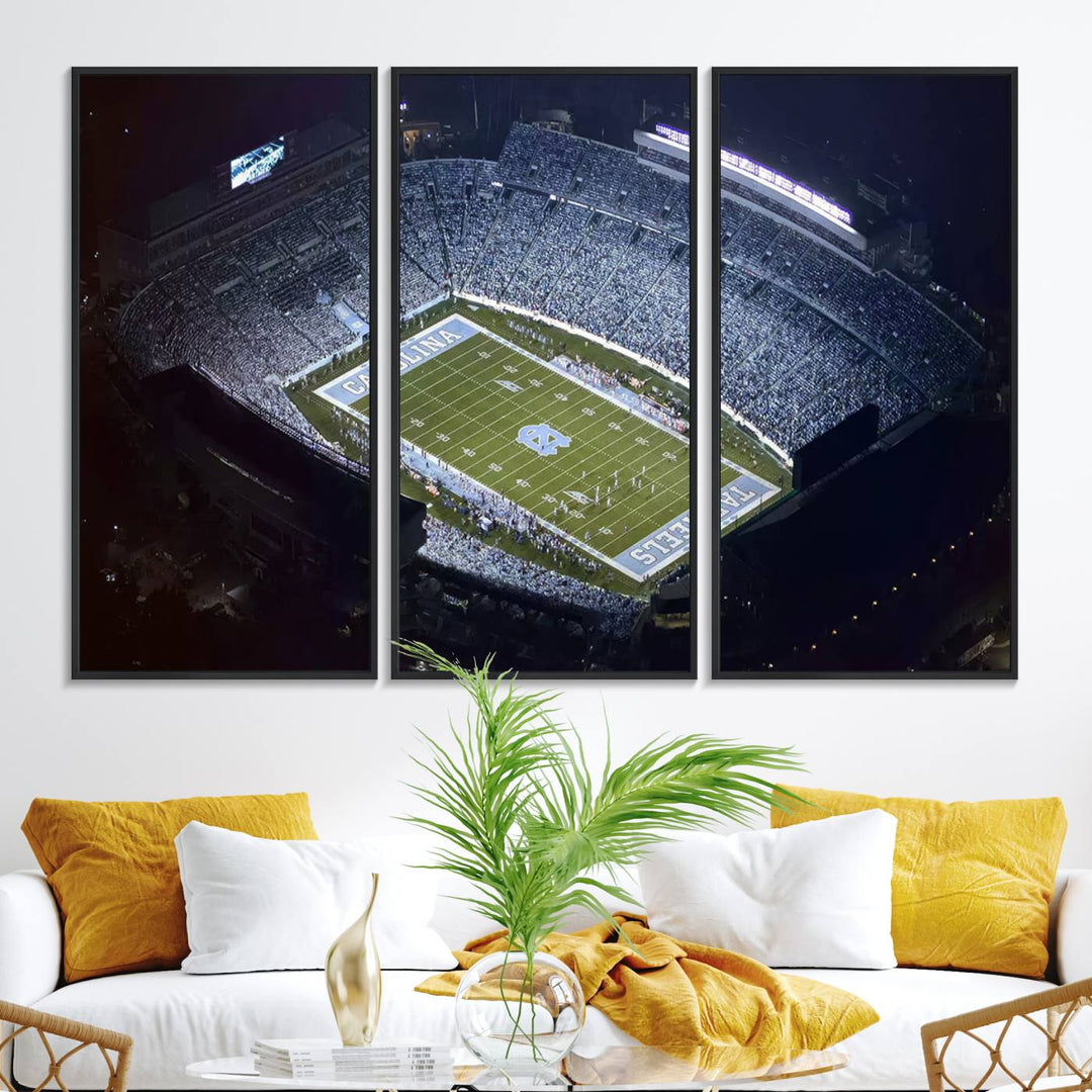 Aerial view of UNC Tar Heels night game at Kenan Memorial Stadium, perfect wall art canvas for fans.