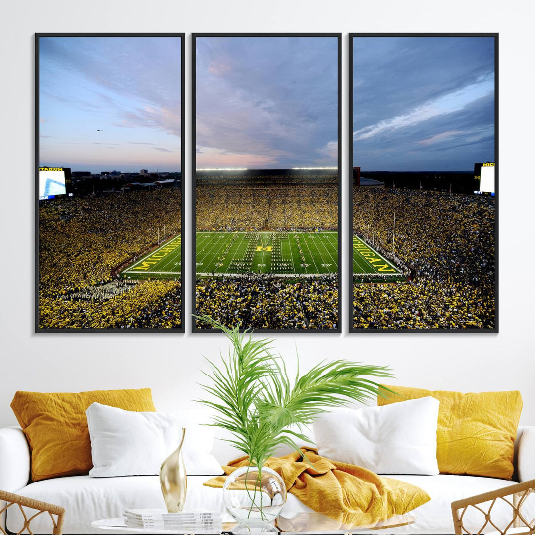 Gallery-quality canvas print of Michigan Stadium at sunset.