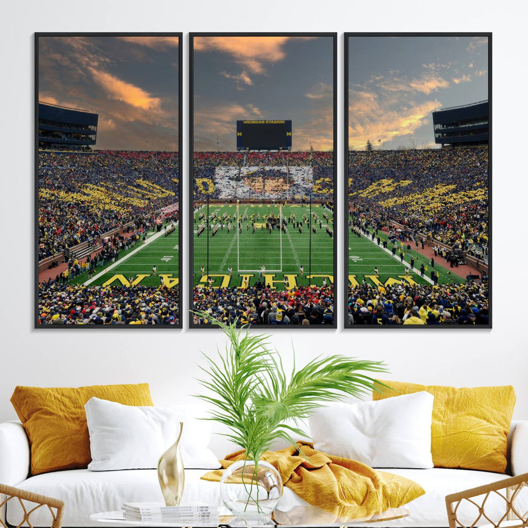 A giant image resembling Michigan Wolverines Wall Art depicts a football field beneath a dramatic sky.