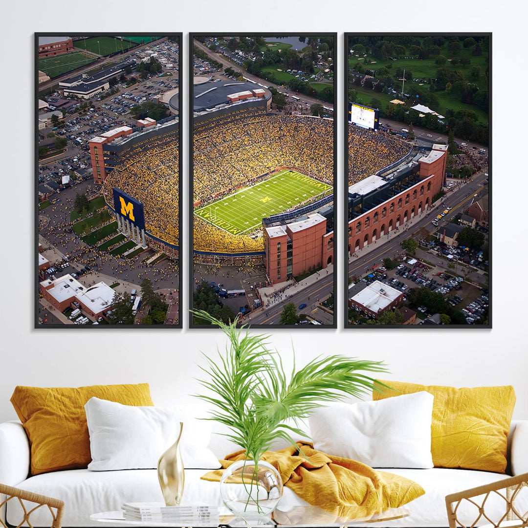 Canvas print featuring an aerial view of Ann Arbor Michigan Stadium filled with Wolverines fans.