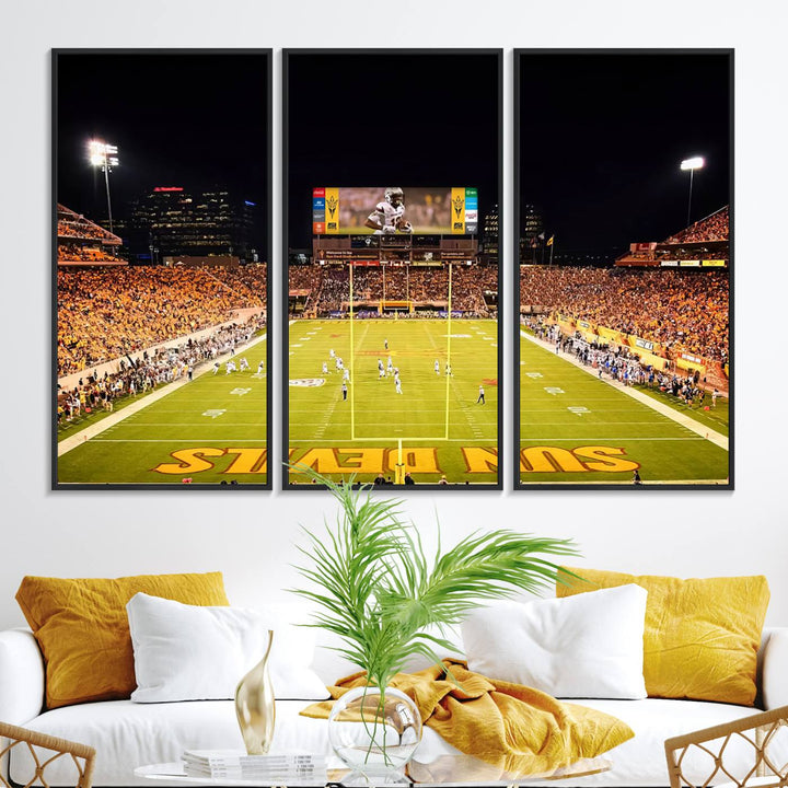 ASU Sun Devils Football Team Print - Wall Art Canvas featuring the Sun Devils end zone at Phoenix Mountain America Stadium.