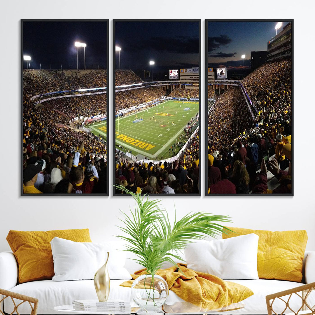 A room featuring an ASU Sun Devils Football Team Print, capturing fans at Phoenix Mountain America Stadium at dusk.