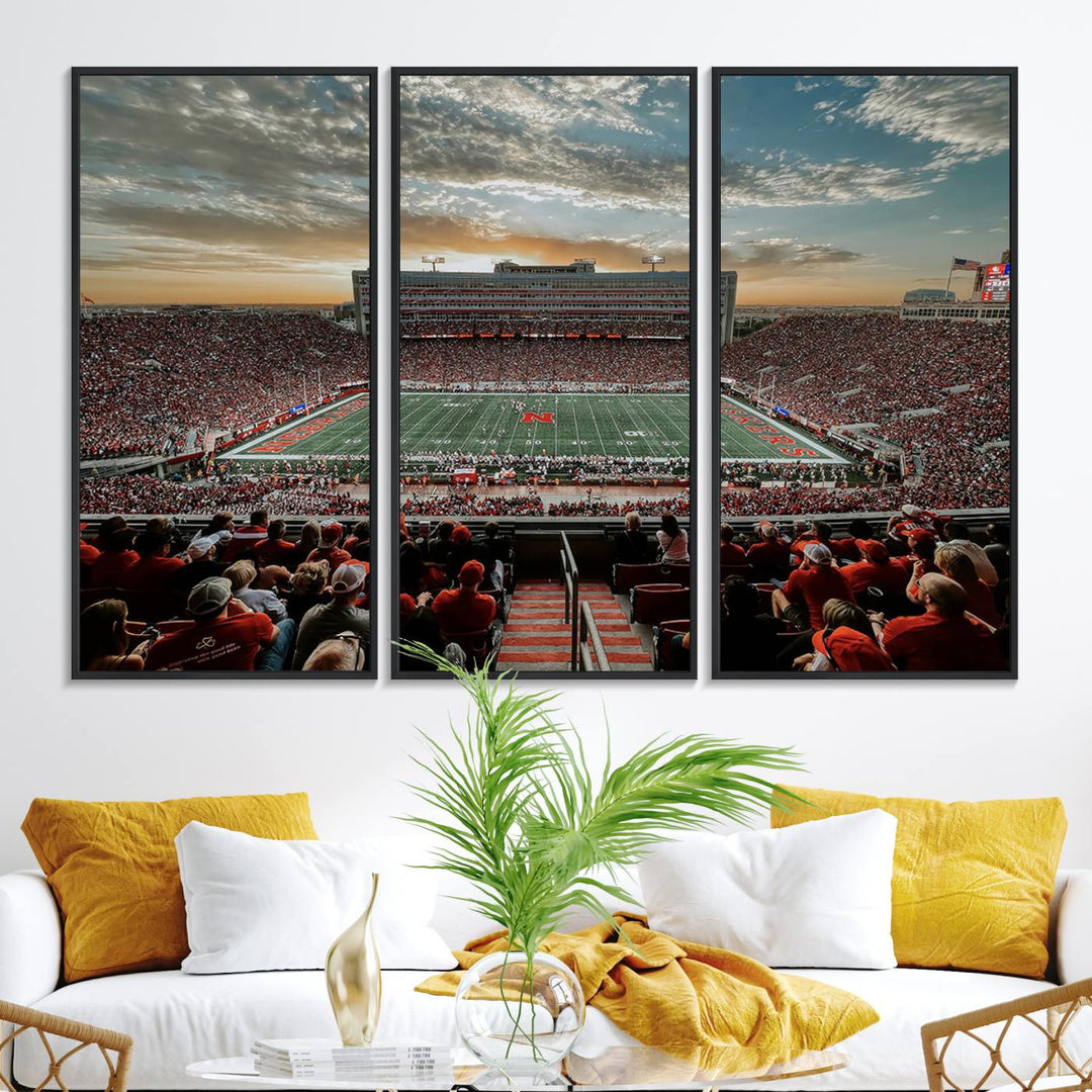 This stunning canvas wall art print features a packed Lincoln Memorial Stadium with the University of Nebraska Cornhuskers at sunset.