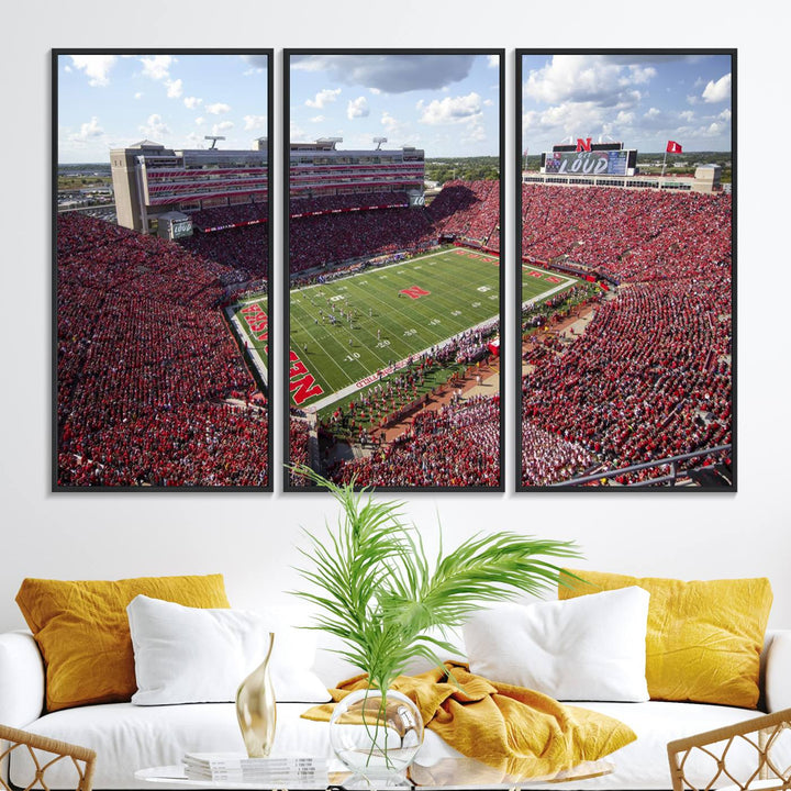 Wall art canvas print depicting a wide-angle view of Lincoln Memorial Stadium during a University of Nebraska game.