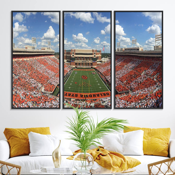 Boone Pickens Stadium was adorned with vibrant murals of Cowboys under a bright blue, cloud-speckled sky.