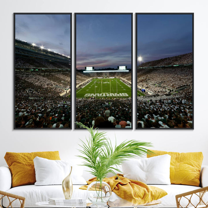 Wall art featuring a stadium at dusk with full stands—ideal for the Michigan State Spartans Football Team Canvas Print.