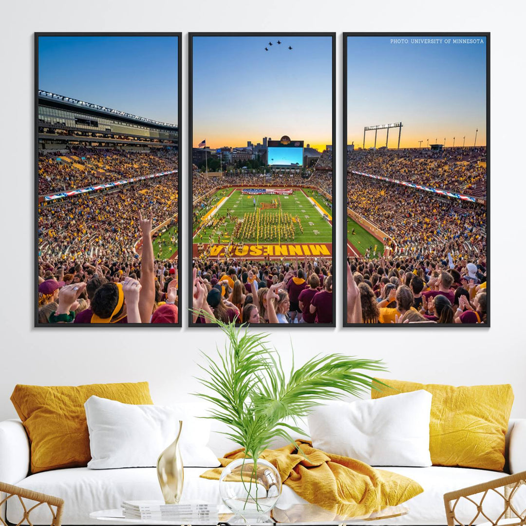 The University of Minnesota Golden Gophers Football Team Print, capturing a sunset scene, is ideal for gallery-quality wall art.