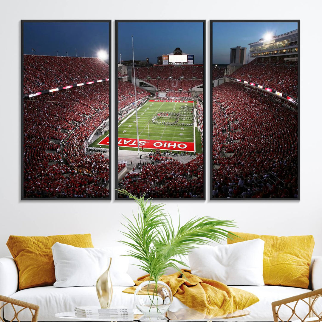 Premium gallery-quality canvas wall art featuring an aerial view of a packed Ohio State stadium at dusk, highlighting the Buckeyes.