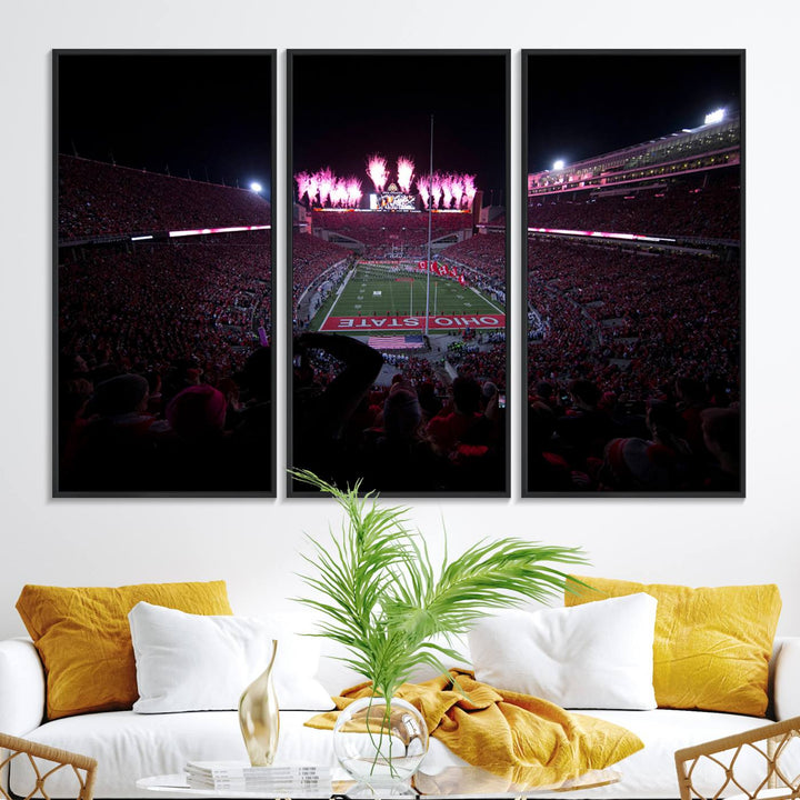 Premium canvas wall art featuring Ohio State University Buckeyes football stadium and fireworks.