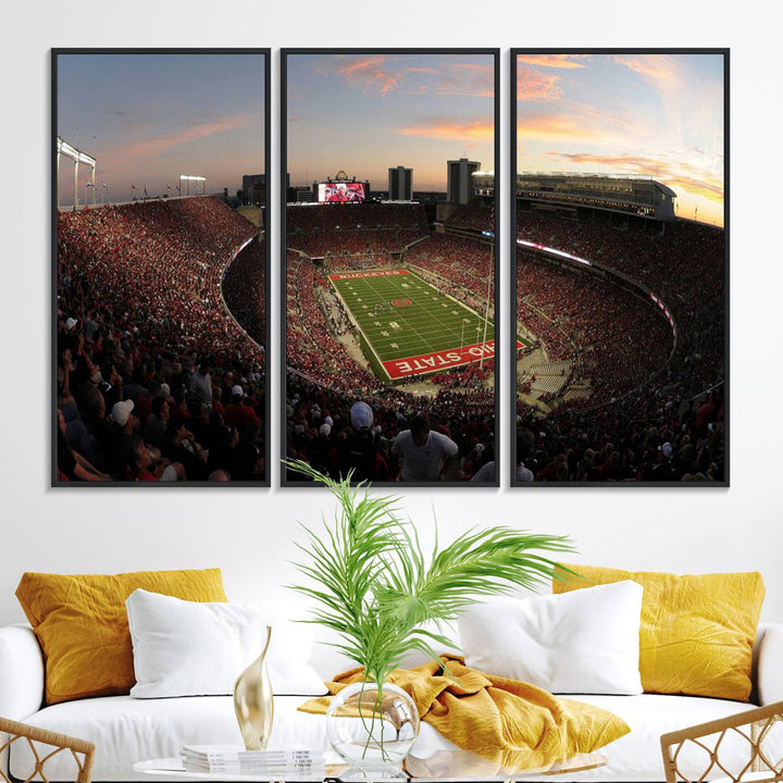 The canvas wall art captures a stunning stadium view of a sunset over Ohio State University Buckeyes football fans.