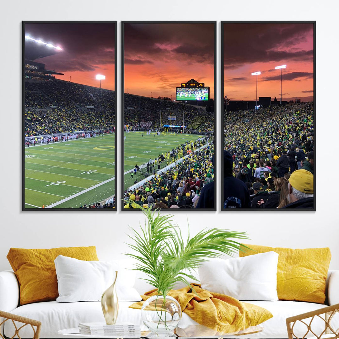 This stunning wall art print captures a vibrant sunset at Eugene Autzen Stadium.