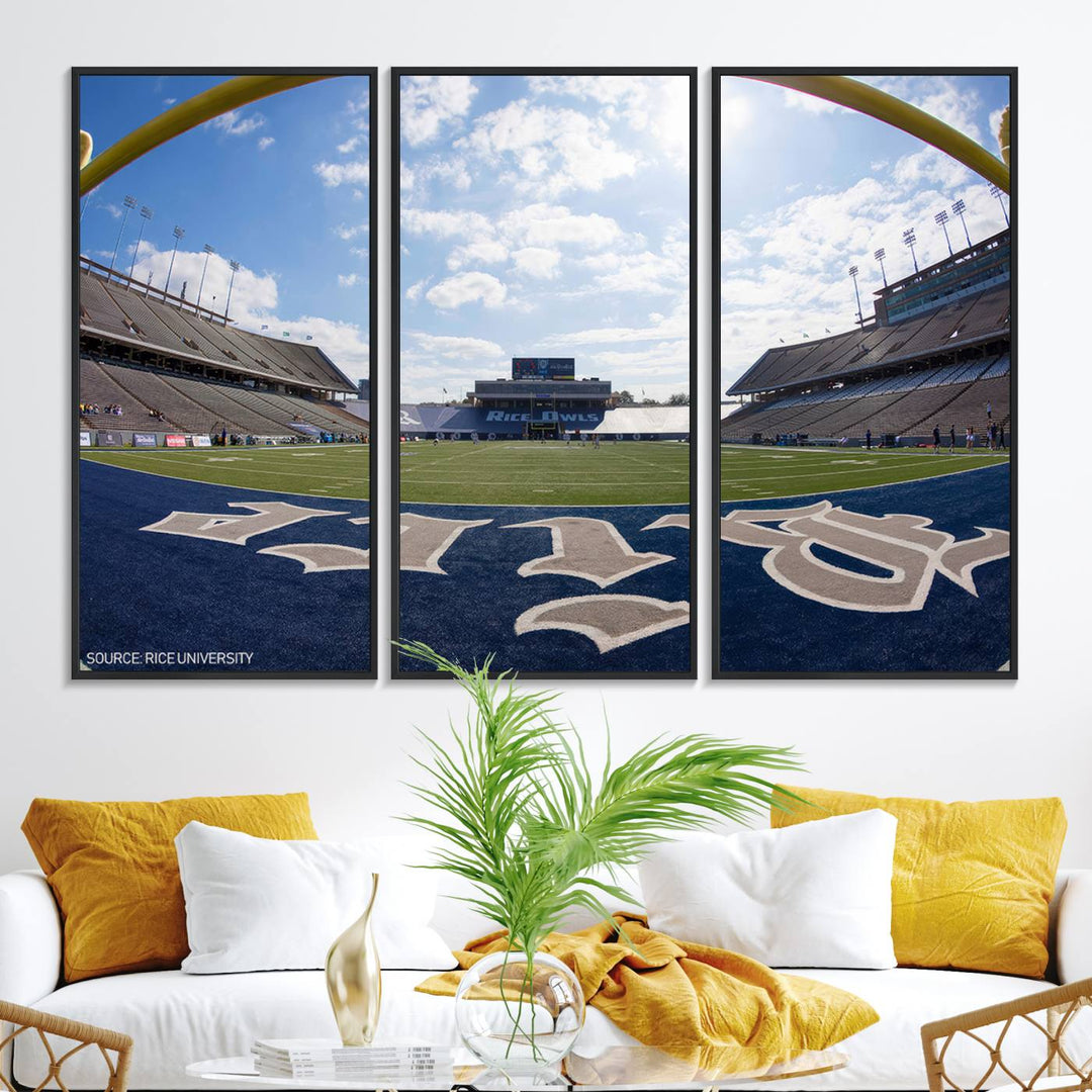 Fish-eye view of an empty stadium, ideal wall art on premium canvas: Rice University Owls Football Team Print.