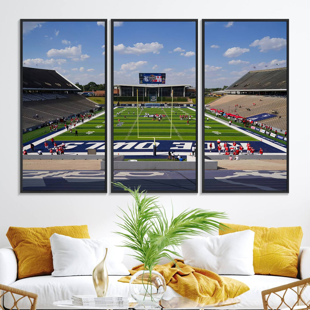 Rice Stadium print: This artwork features a football field with empty stands and a gallery-quality finish under a clear blue sky.