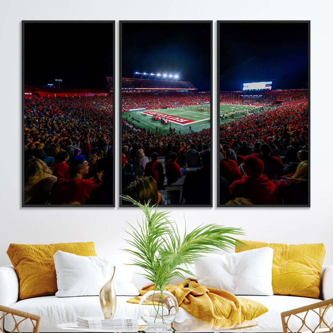 A premium canvas wall art print depicting Rutgers Scarlet Knights SHI Stadium filled with fans under vibrant lights.