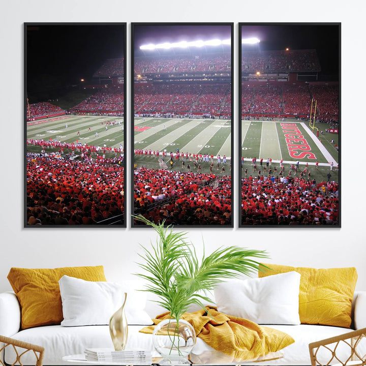 A bustling night game at SHI Stadium is captured as Rutgers Scarlet Knights wall art on a gallery-quality canvas print.