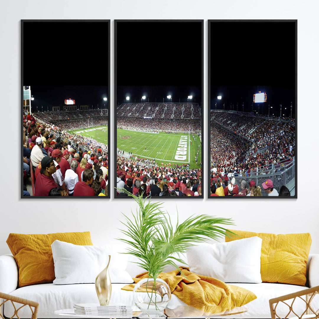 This Stanford University Cardinal Football Team canvas print, depicting fans in red filling Stanford Stadium at night, is perfect.