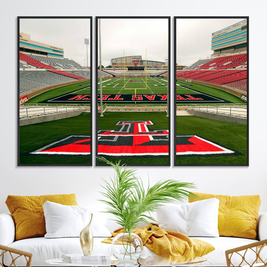 Gallery-quality print of Lubbock Jones AT&T Stadium featuring the Texas Tech Red Raiders field, highlighted by red and gray bleachers.