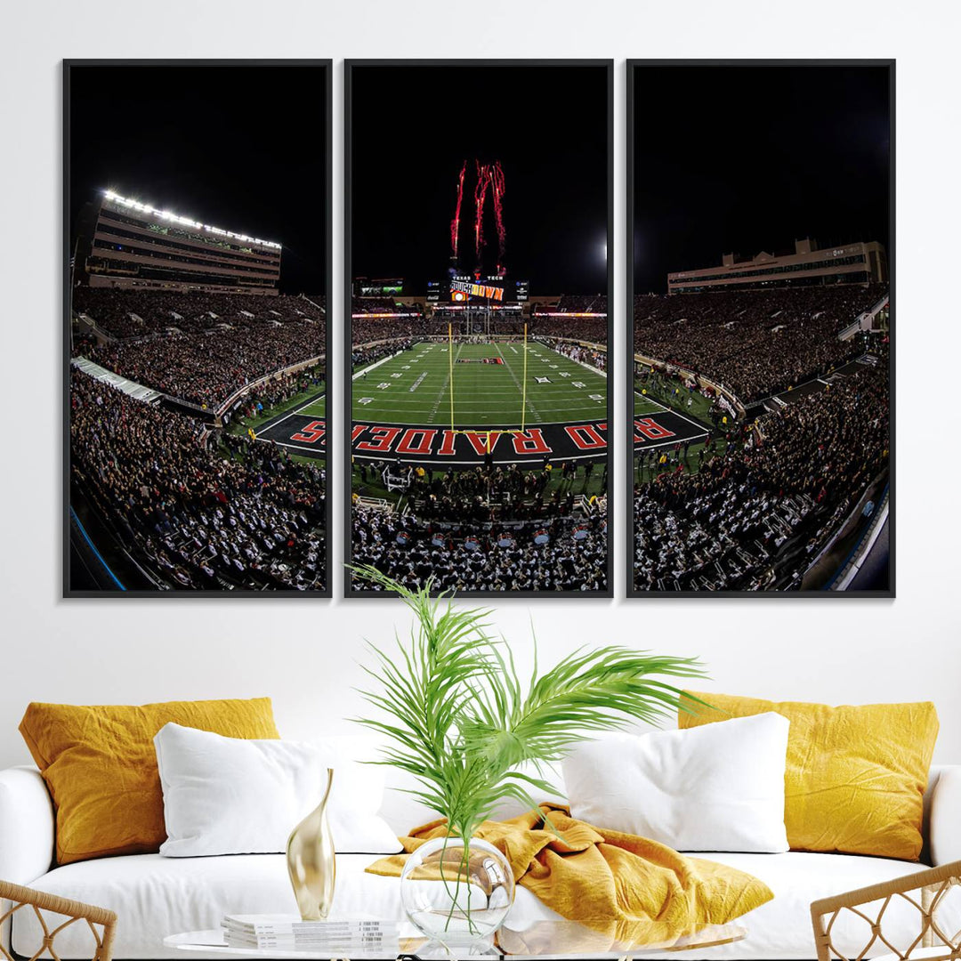 The wall features a Texas Tech Red Raiders Football Team Print on canvas, showcasing fireworks over a packed stadium at night.