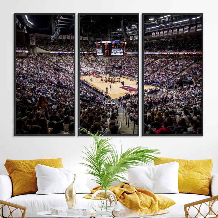 The Nebraska Basketball Arena Wall Art Canvas features an arena filled with Cornhuskers fans and players beneath a scoreboard.