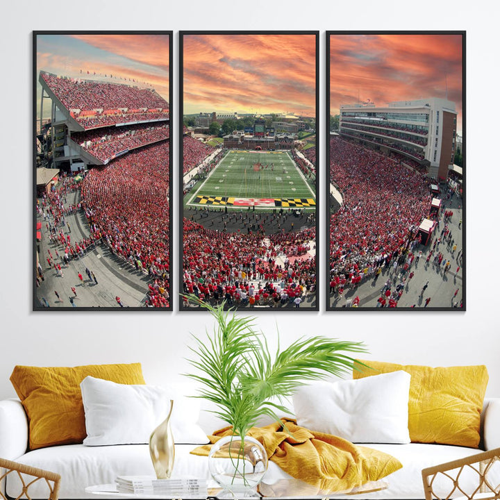 A packed SECU Stadium at sunset, ideal for your University of Maryland Terrapins Football Team wall art canvas print.