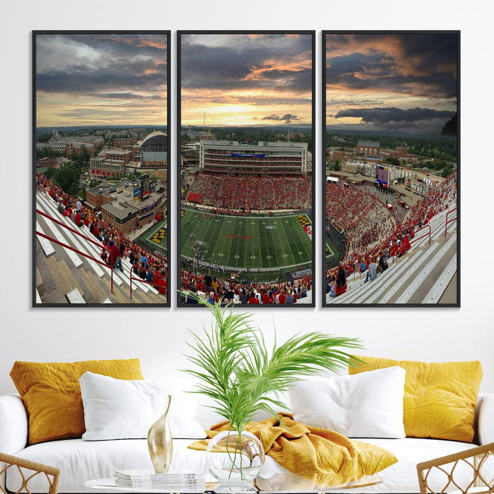 The University of Maryland Terrapins Football Team Print features SECU Stadium at sunset with vibrant skies.