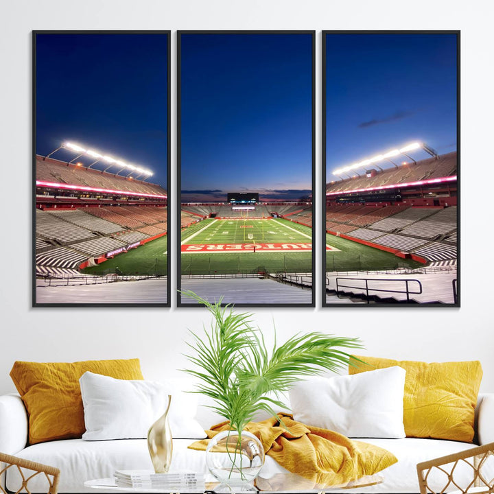 A large SHI Stadium at dusk, ideal for a Rutgers Scarlet Knights Football Team canvas print.