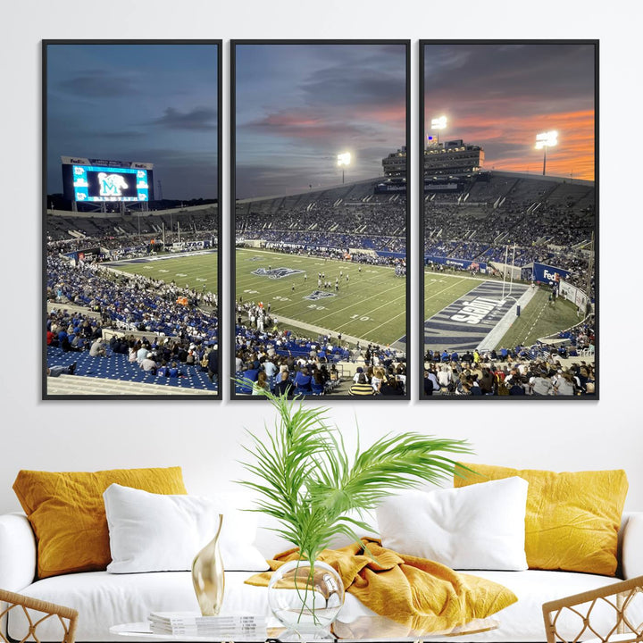 A Memphis Tigers football canvas print of Simmons Bank Liberty Stadium at sunset enhances the living room.