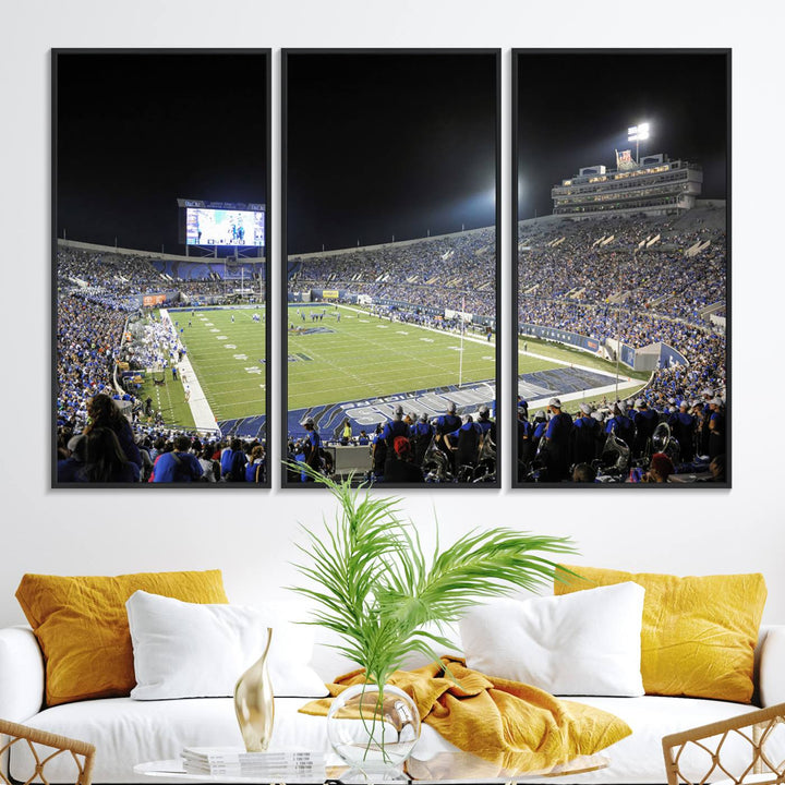 A vibrant depiction of Liberty Stadium at night, highlighting a Tigers football game on the large screen with stands filled with enthusiastic fans.