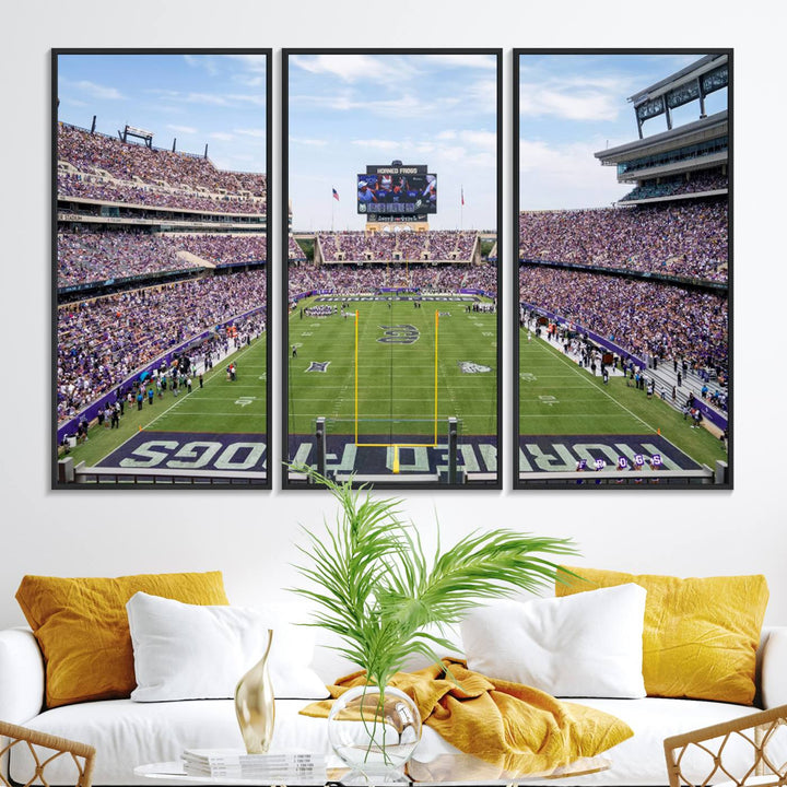 The TCU Horned Frogs print portrays a vibrant Amon G. Carter Stadium, filled with energy and game action.