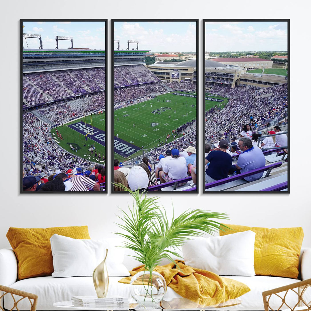 Amon G. Carter Stadium wall art canvas showcasing the TCU Horned Frogs and packed stands at Fort Worth.