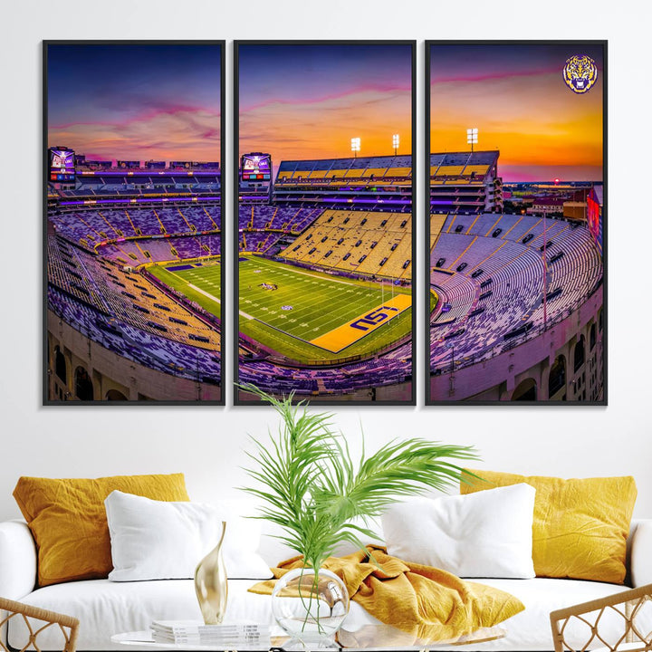 A canvas print of Tiger Stadium at sunset, depicting an empty field and stands, adorns the wall.