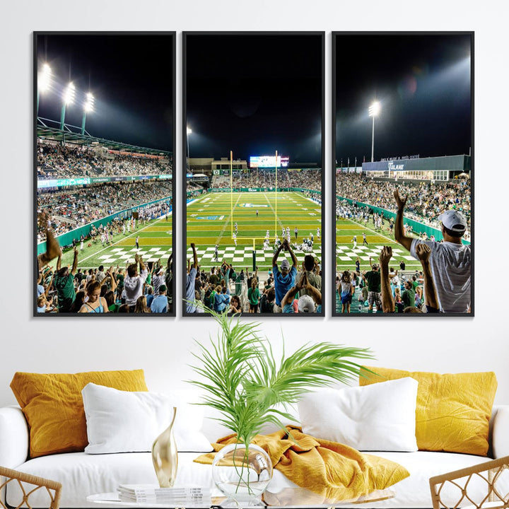 This vibrant wall art canvas print captures the excitement of fans cheering for the Tulane Green Wave Football Team under the lights of Yulman Stadium.