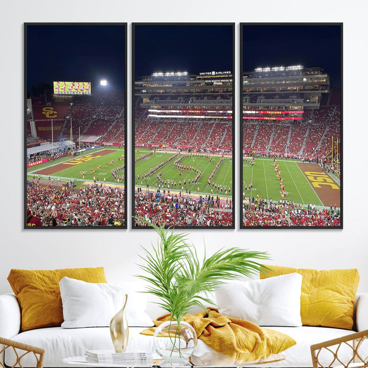 Canvas print depicting a packed stadium at night with a marching band forming USC, celebrating the Trojans at Los Angeles Memorial Coliseum.