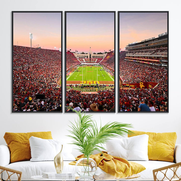 A USC Trojans wall art canvas print highlights the scene, depicting the Coliseum Stadium at sunset.