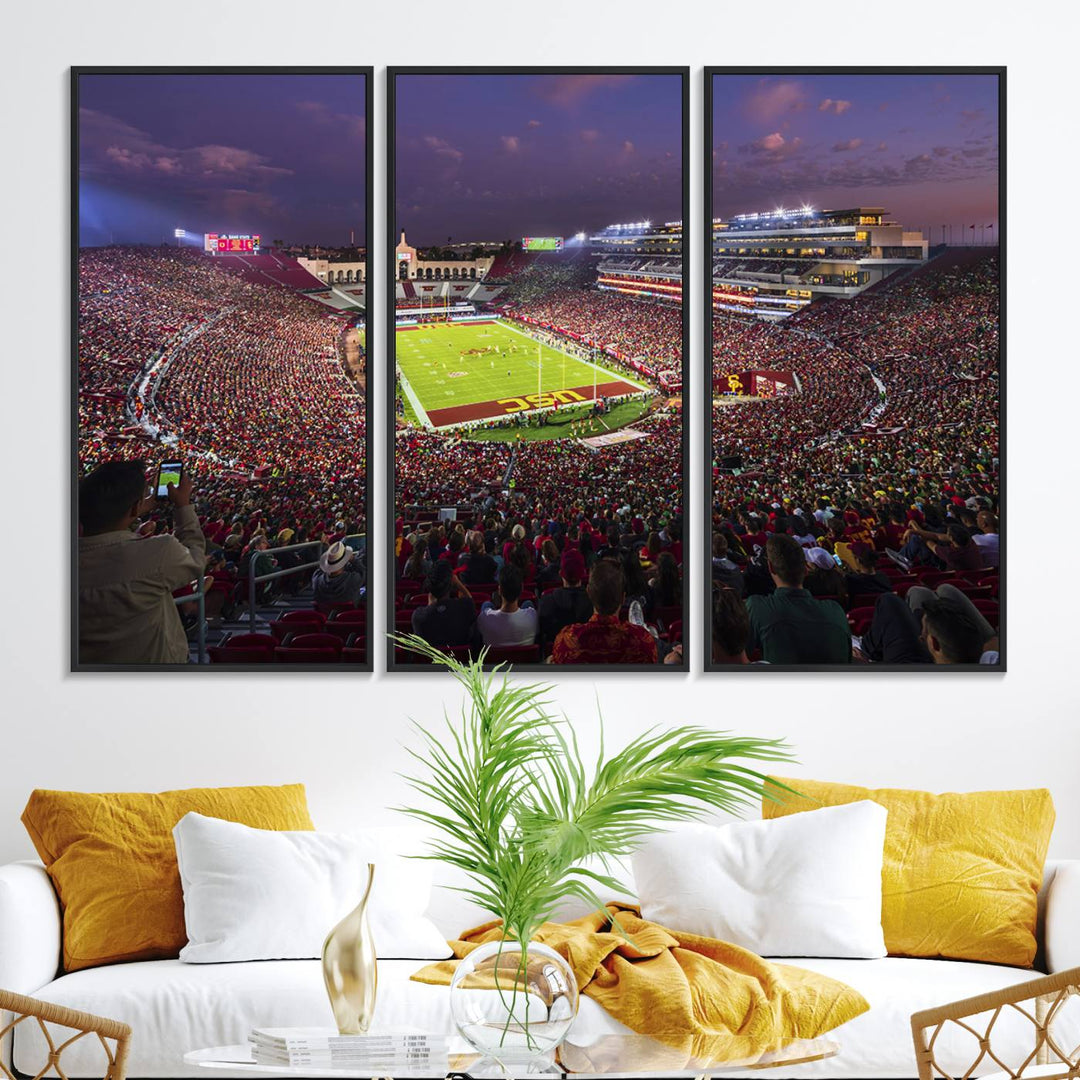 The vibrant wall art canvas print captures the USC Trojans playing under lights at dusk in LA Memorial Coliseum.