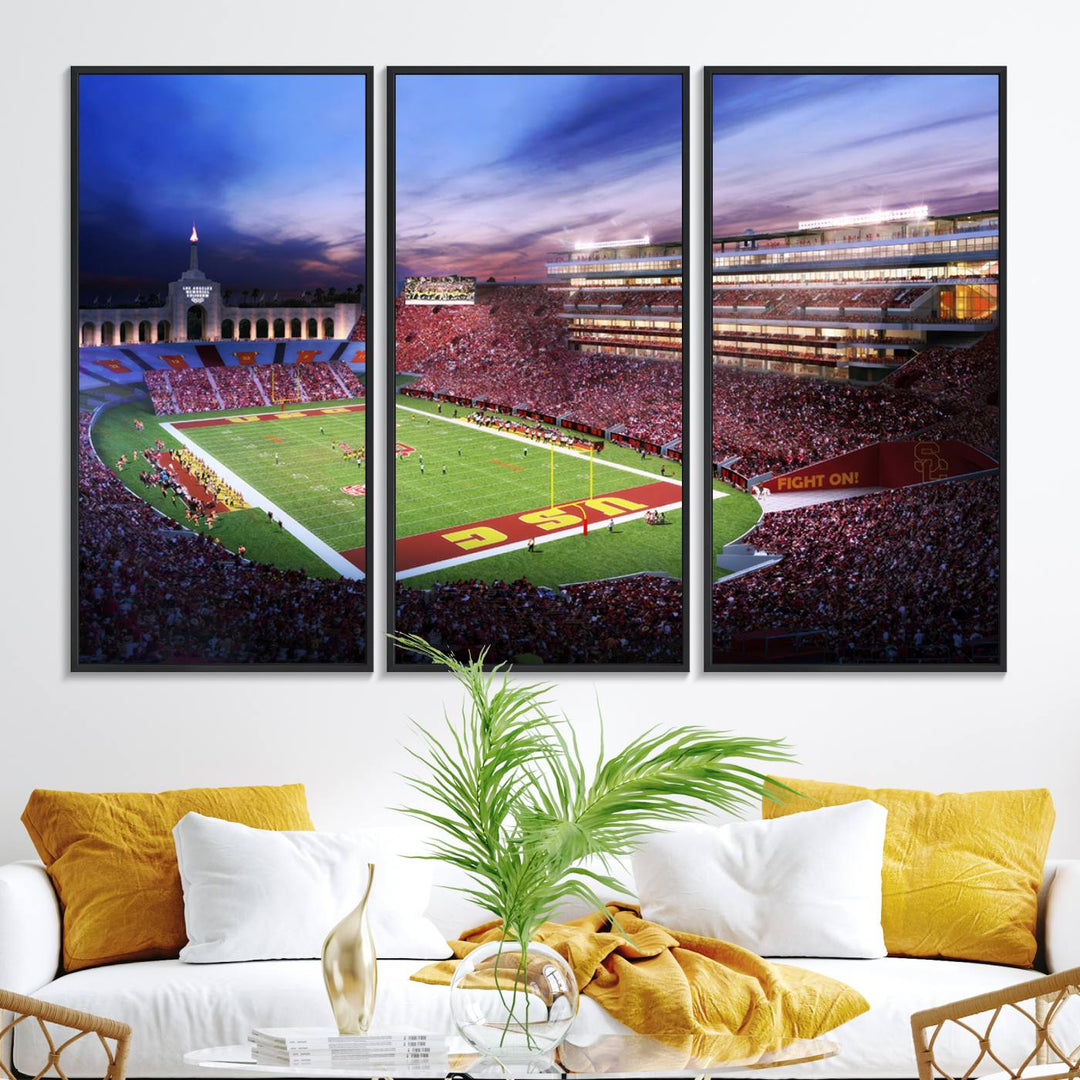 A vibrant painting of fans cheering for The University of Southern California USC Trojans under bright stadium lights.