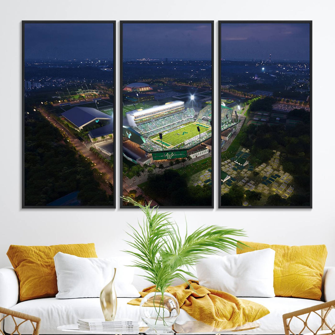 The USF Bulls Football Team Wall Art Canvas Print showcases the Tampa USF Football Stadium at night with city lights.