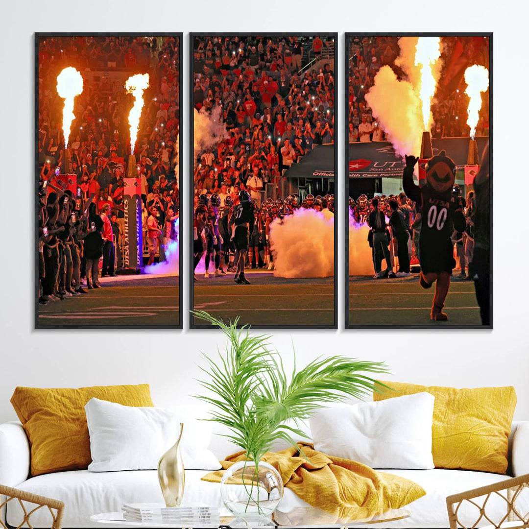 This canvas print captures the UTSA Roadrunners storming the Alamodome under smoke and fire.